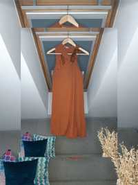 brązowa camelowa asymetryczna wiskozowa sukienka Massimo Dutti M