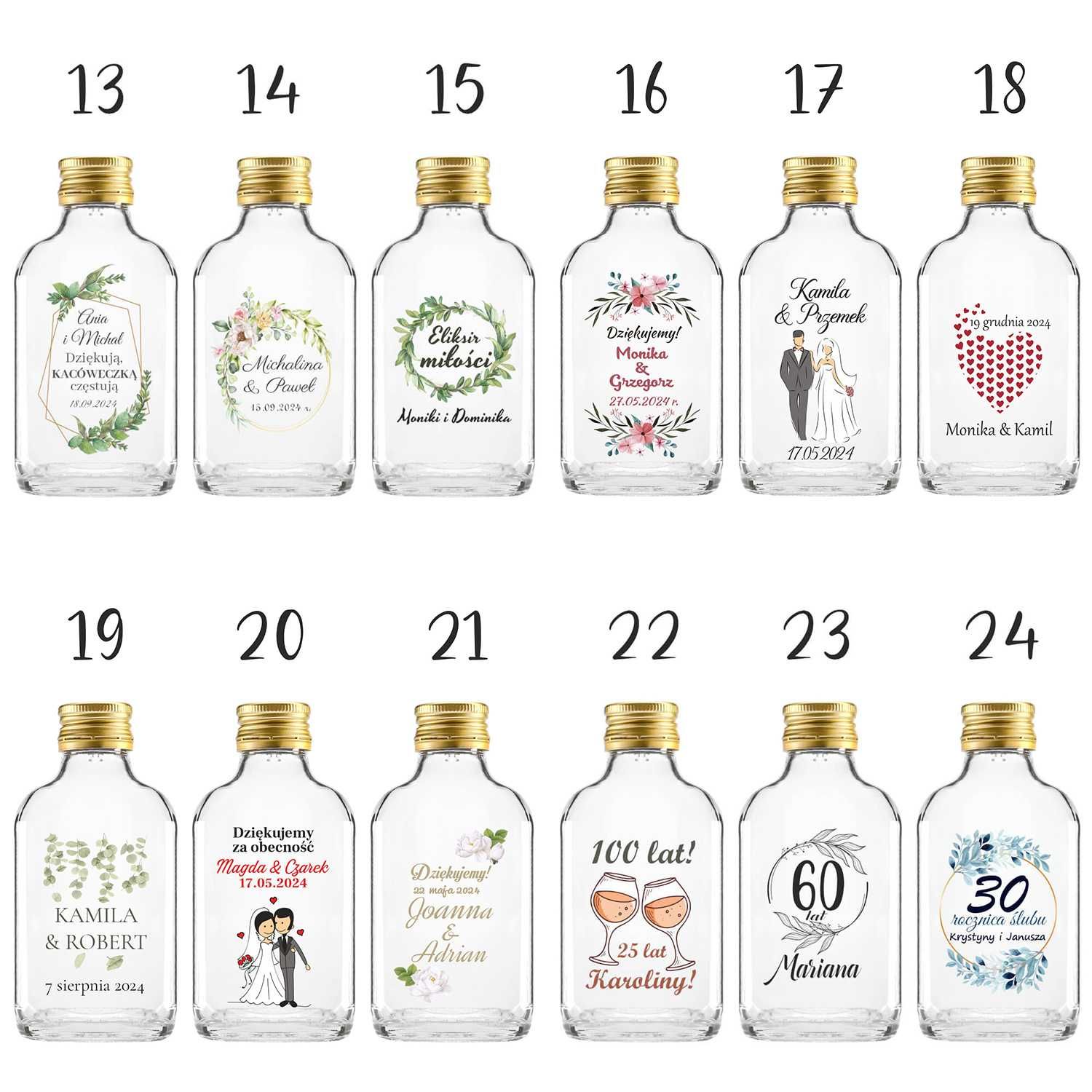 50x butelka PIERSIÓWKA 100 ml na wesele z naklejkami + zakrętka