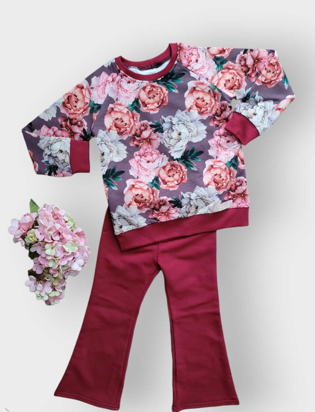 DRES dla dziewczynki HANDMADE spodnie DZWONY  bluza w kwiaty