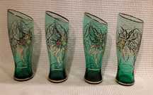 Conjunto de 4 copos de vidro vintage verdes pintados à mão