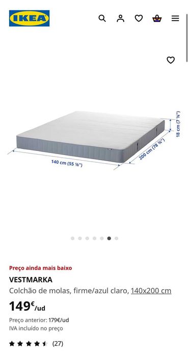 VALEVÅG - Colchão molas ensacadas extra firme + cama 140x200cm (usado)