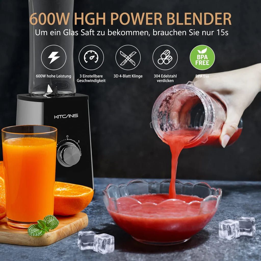 KITCANIS Blender mikser stojacy 3w1 600w z 2 butelkami 600ml