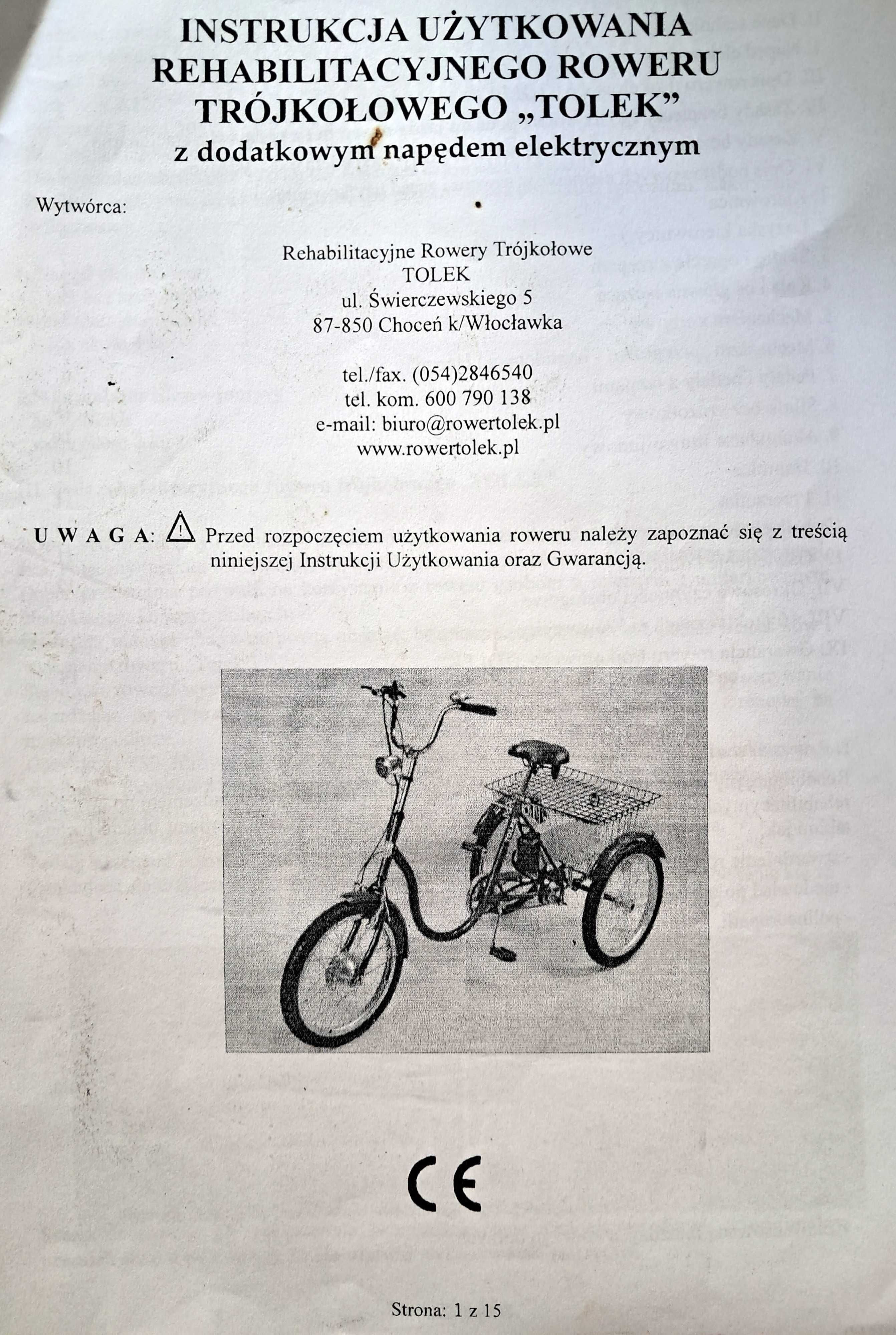 Trójkołowy rower rehabilitacyjny "Tolek z dod. napędem elektrycznym.