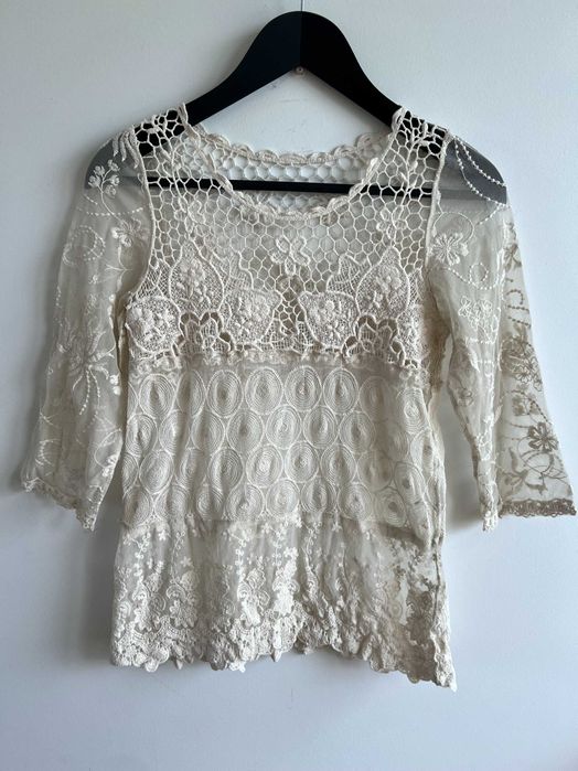 Bluzka ażurowa kremowa boho hippie festiwal koronka siateczka S