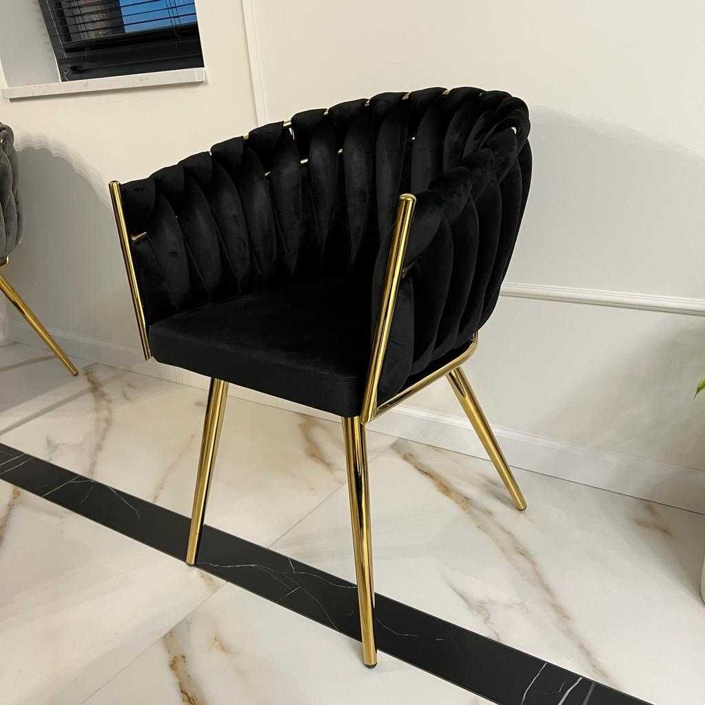 Krzesło plecione czarne  GLAMOUR złota rama