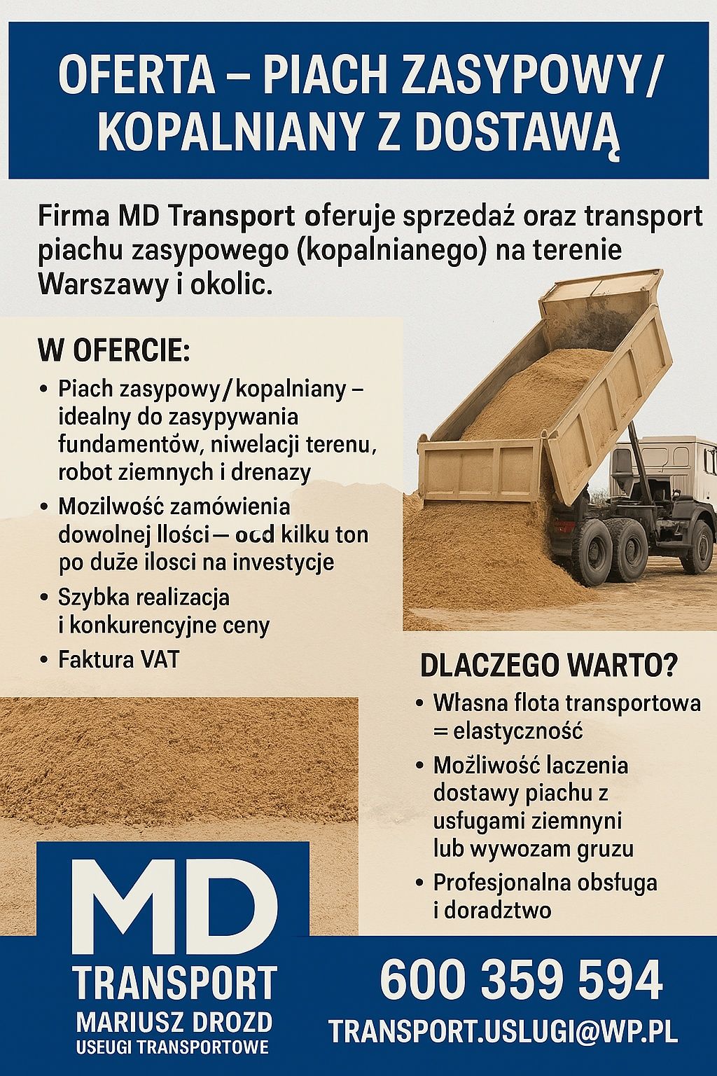 Piasek (Wiślany, kopalniany, pod miksokret), ziemia ogrodowa i z wykop