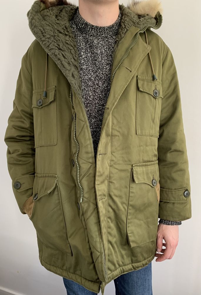 Zimowa wełniana unikatowa parka męska płaszcz kurtka khaki L 40