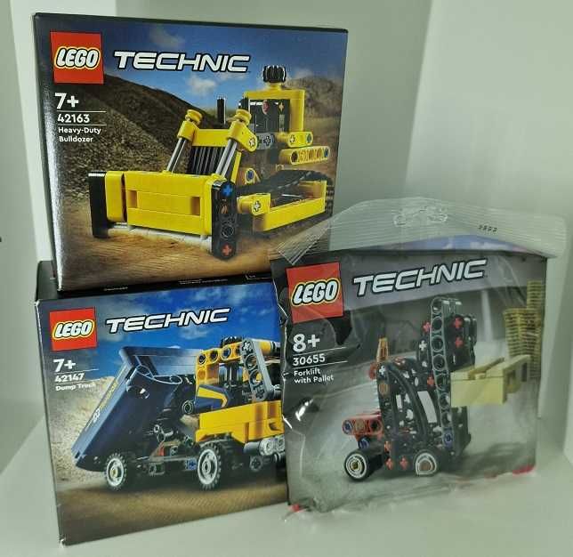 Zestaw Lego Technic Buldożer, Wywrotka koparka, Wózek widłowy z paletą