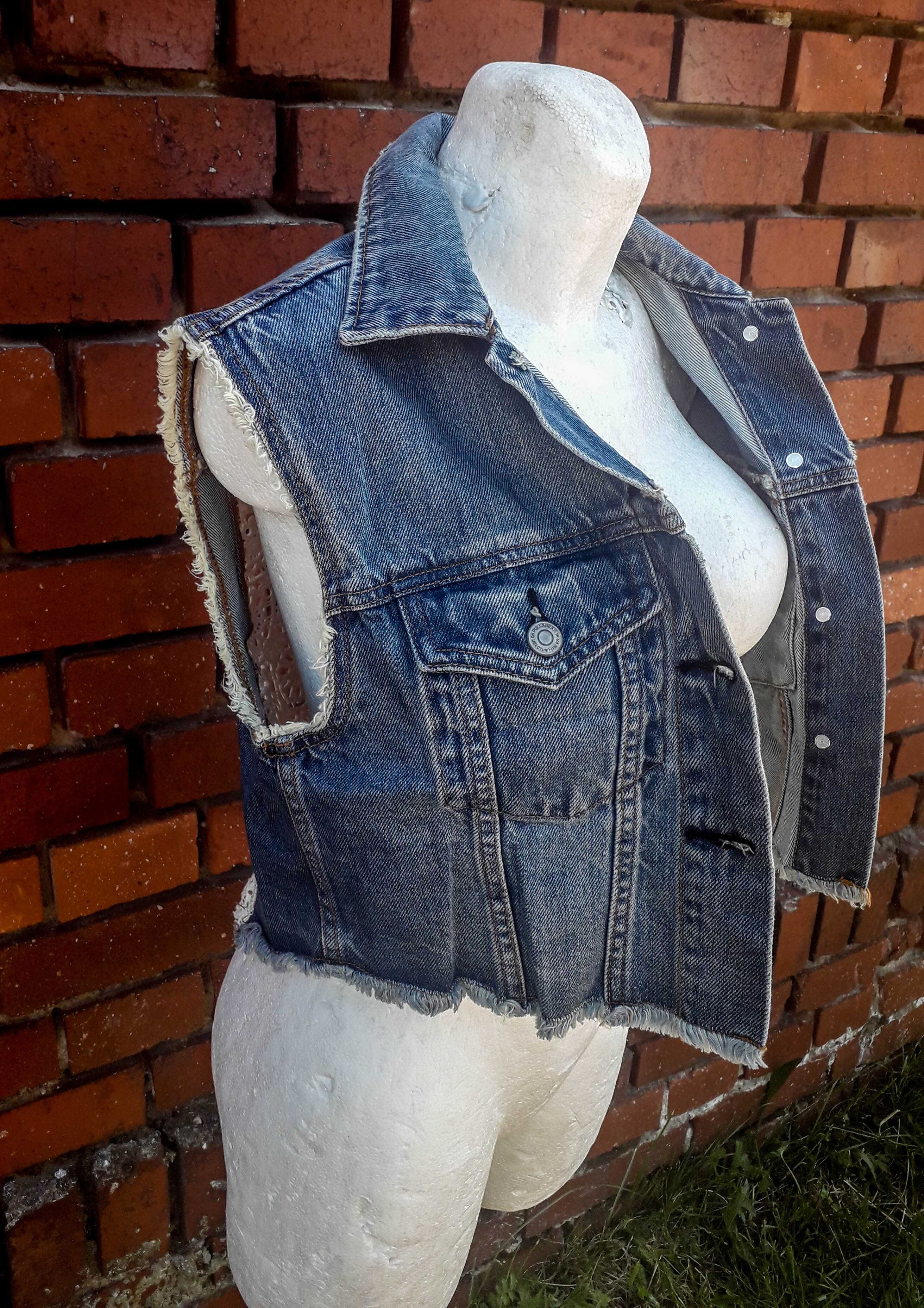Kamizelka kurta jeans, bezrękawnik dżinsowy koronka przetarcia