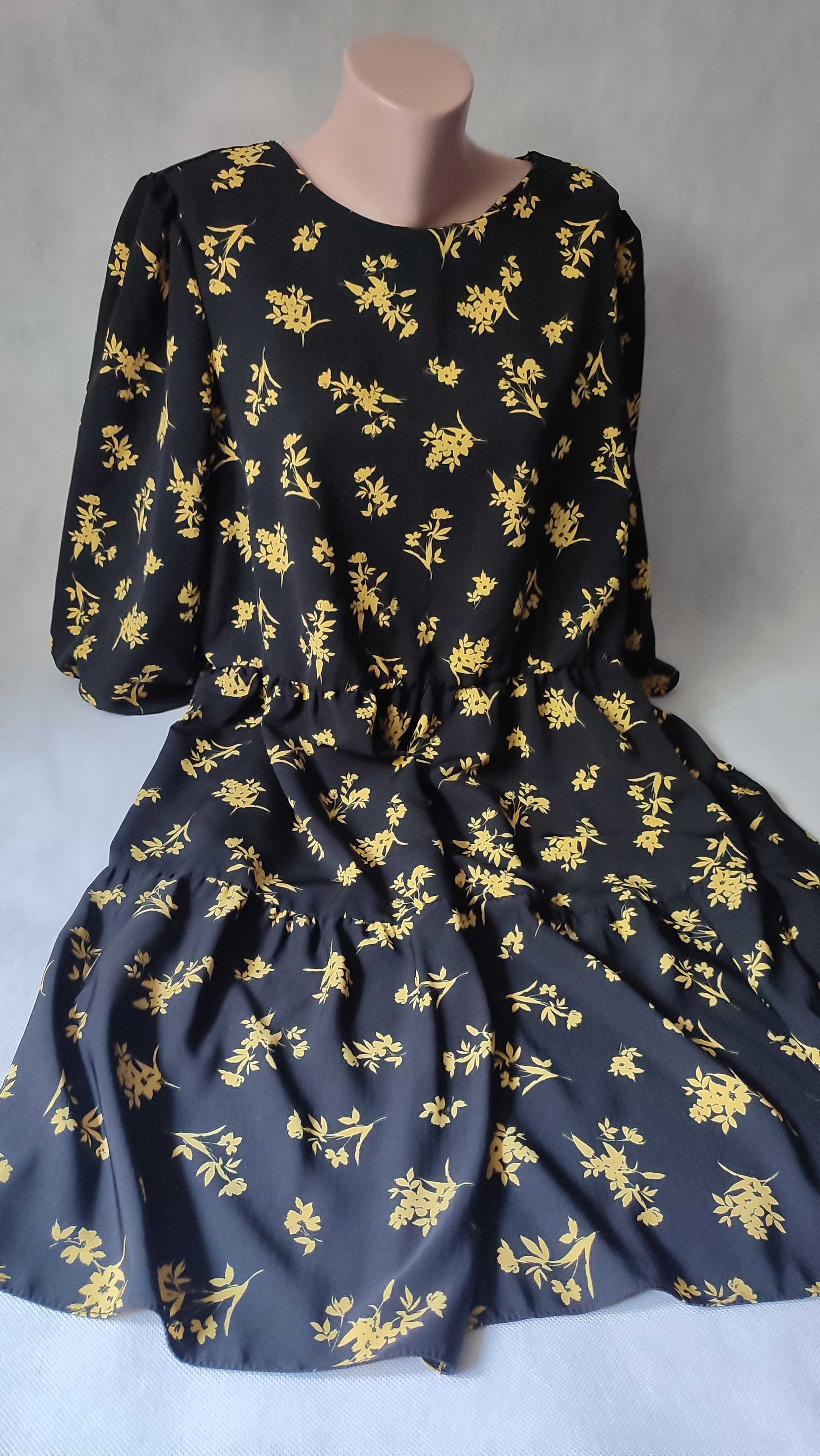 Sukienka krótka damska plus size w kwiaty we wzory rękaw3/4 rozmiar 50