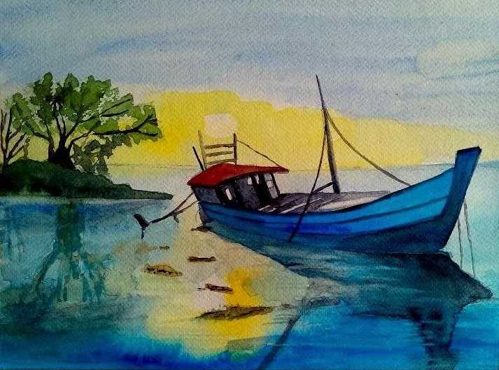 Aguarela pintada a mão " Embarcação no por do sol"