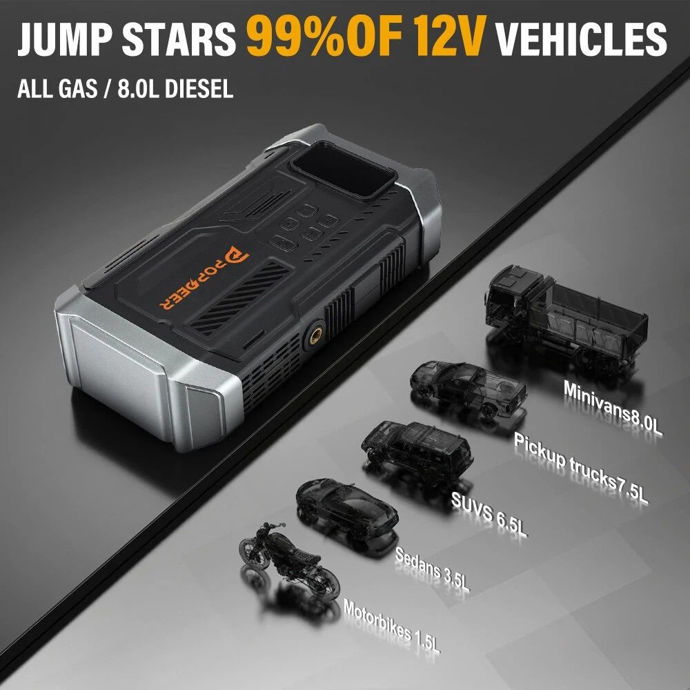 Booster 12V com Compressor de Ar 5000A, Lanterna, Powerbank, Car Start