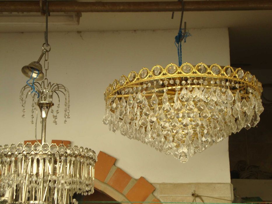 Candeeiro Dourado, Usado,  Cristal com Pingentes, 9 Lampadas E14