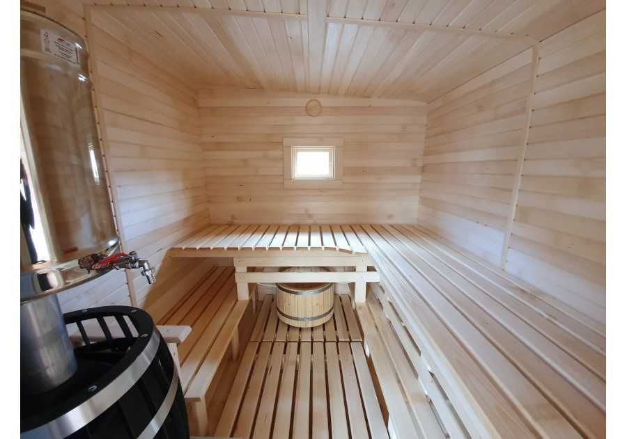 Sauna ogrodowa drewniana PING 5,0x2,4m beczka, ruska bania, fińska