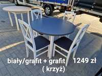 Nowe: Stół okrągły + 4 krzesła, biały/grafit + grafit ( krzyż)