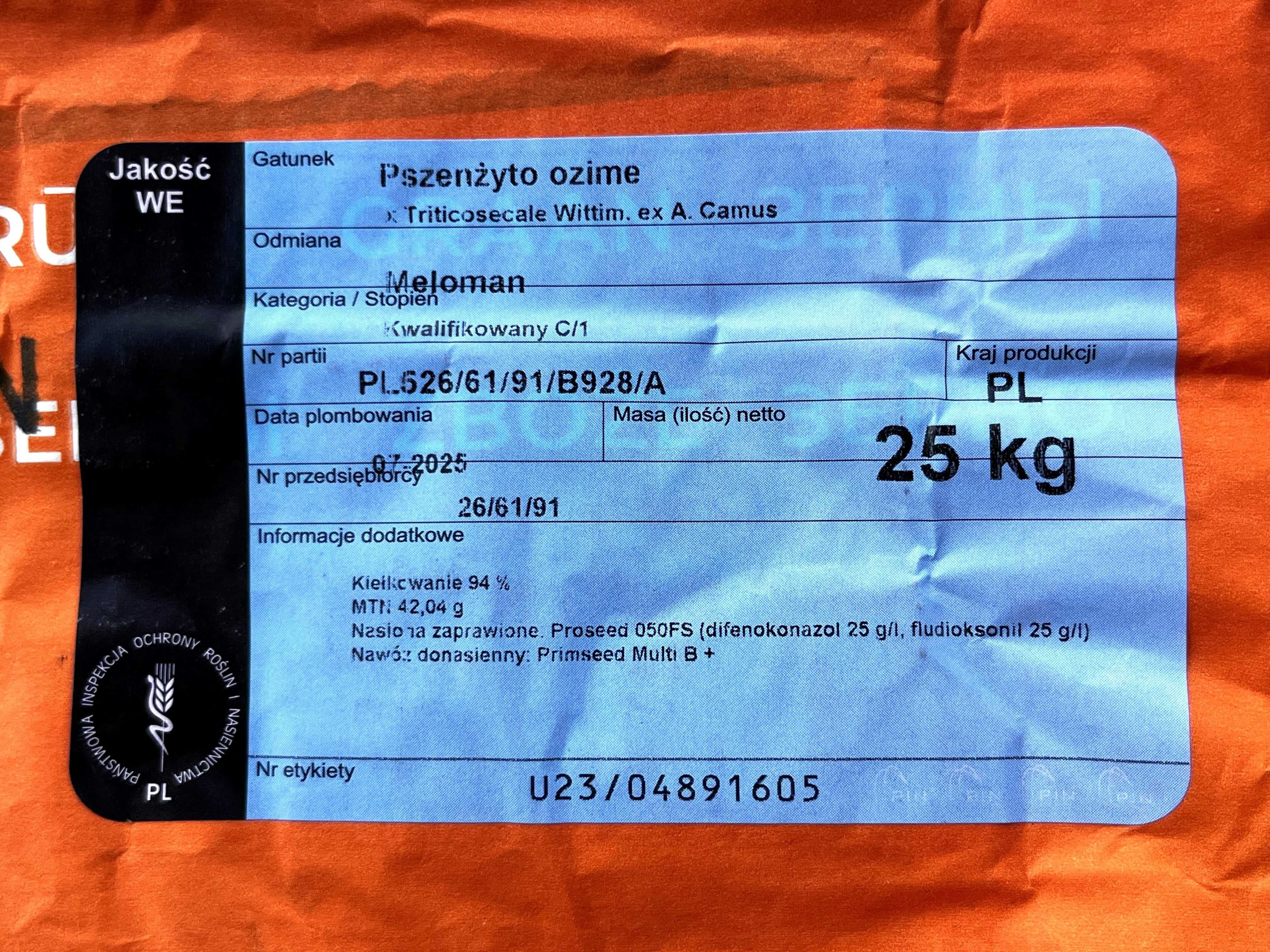 PSZENŻYTO OZIME Meloman 25kg zaprawione kwalifikowane C/1