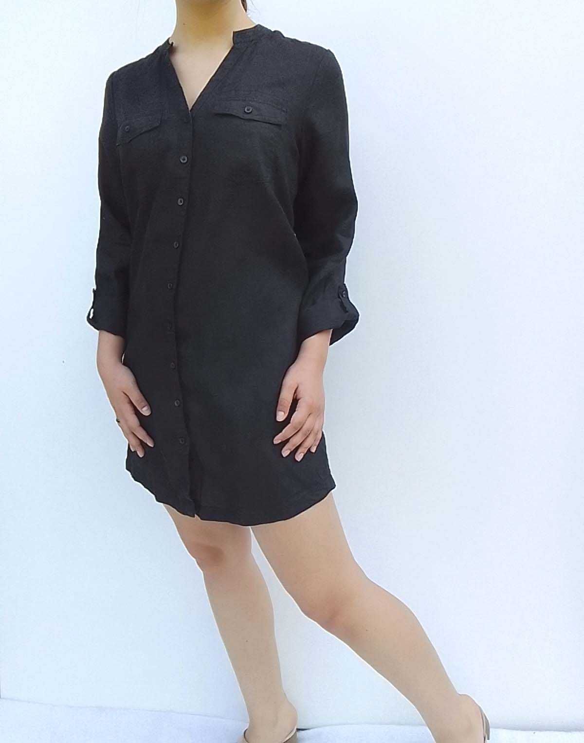 Lniana czarna nowa koszulowa sukienka 100% len puro lino S M 36 38