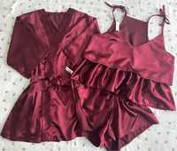 Nowy damski komplet szlafrok piżama satyna bordo burgund L 40