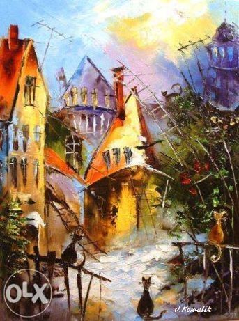 Kowalik - Kocie miasteczko V - 40x50cm Koty Obraz Olejny Abstrakcja
