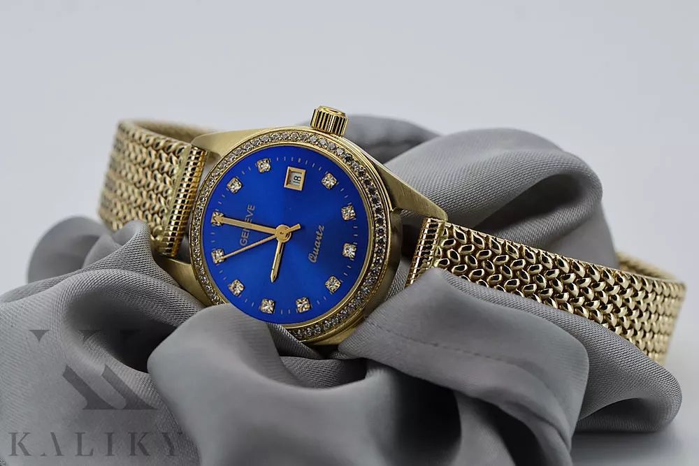 Złoty 14k 585 zegarek damski lw078ydblz&lbw003y niebieska tarcza Wr