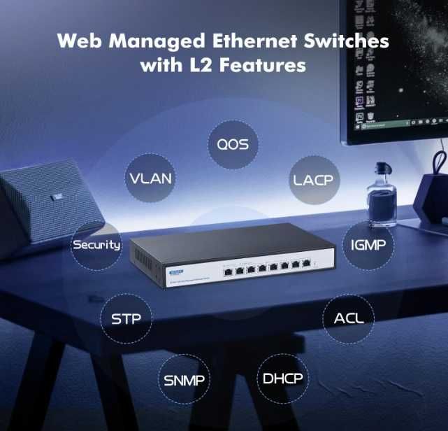 YuLinca 8-portowy zarządzany Switch Ethernet 10 Gb/s 10G/5G/2.5G/1000M