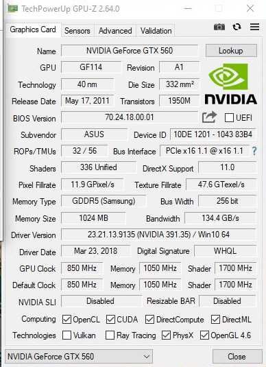 GTX 560 1 гб відеопам'яті