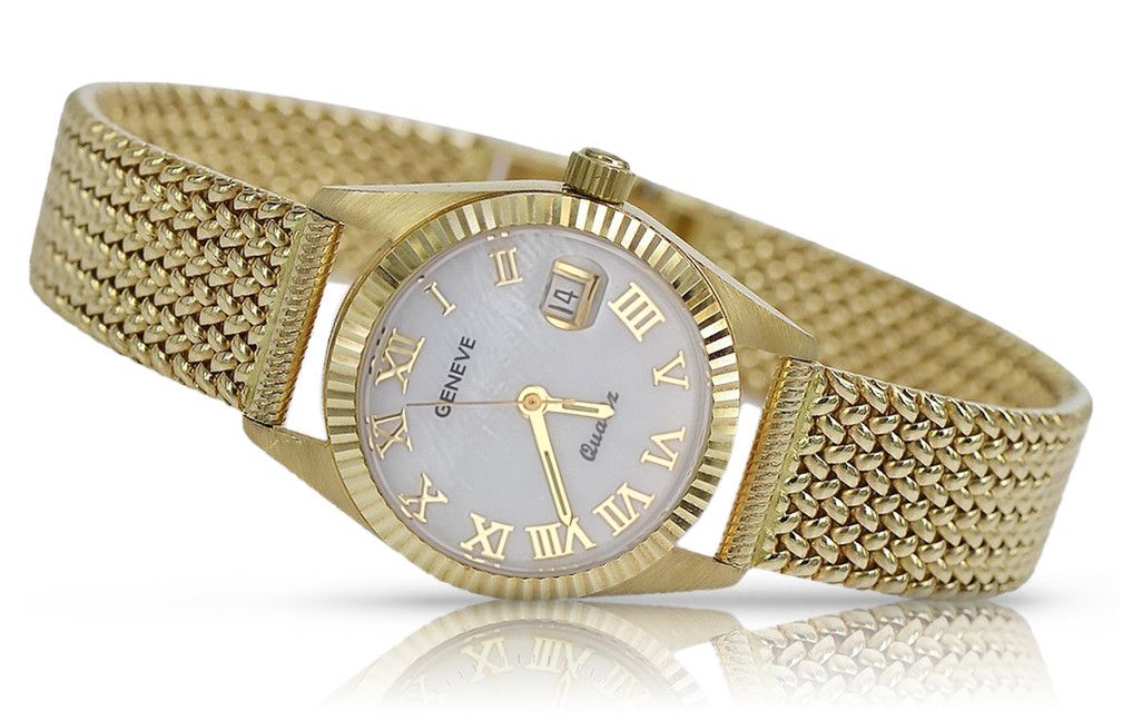 Złoty włoski zegarek damski 14k 585 Geneve z perłową tarczą Gdańsk