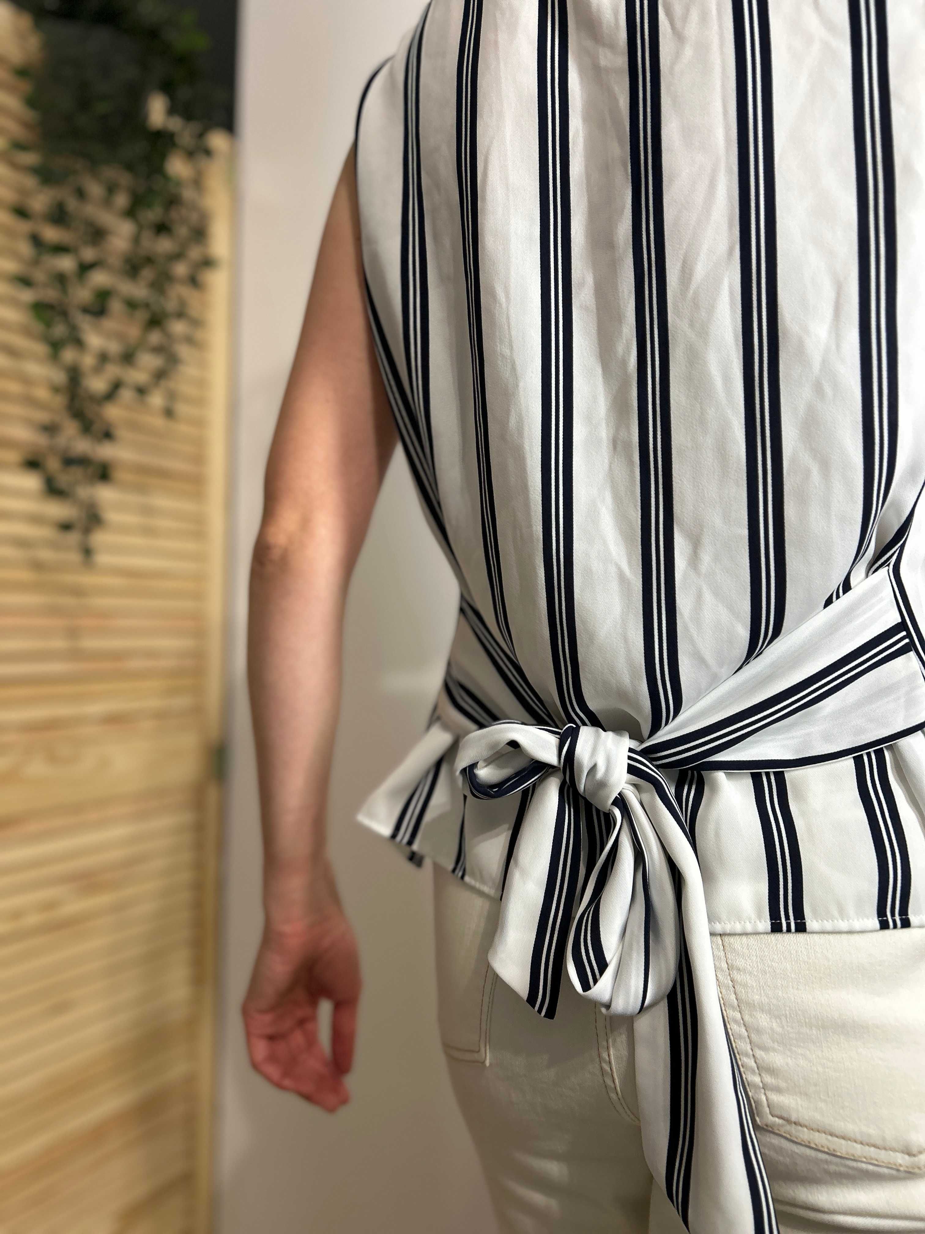Biała elegancka bluzka w paski bez rękawów – Linea, rozmiar 42