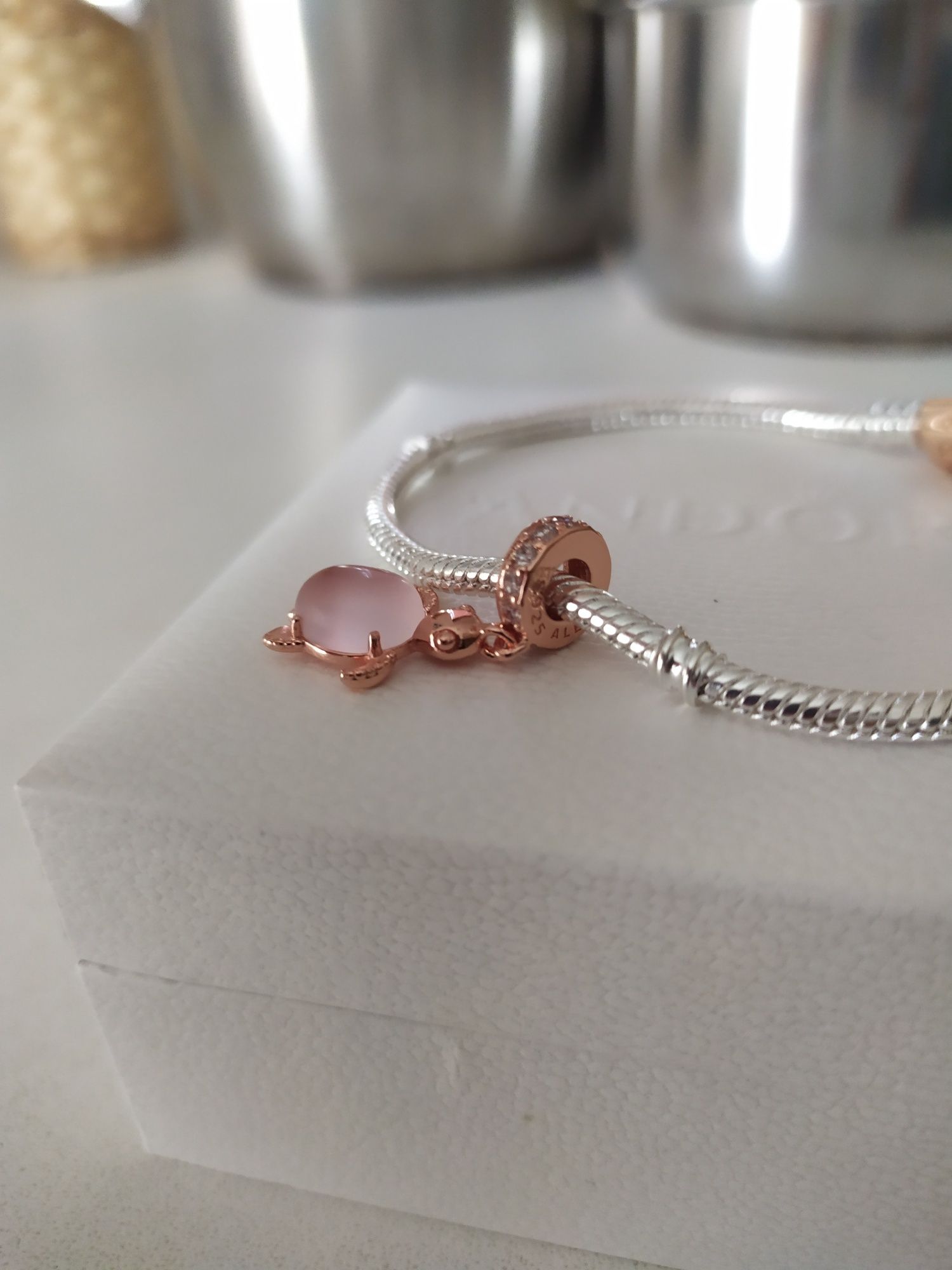 Bransoletka Pandora+ charms żółw różowy murano ALE S925, komplet