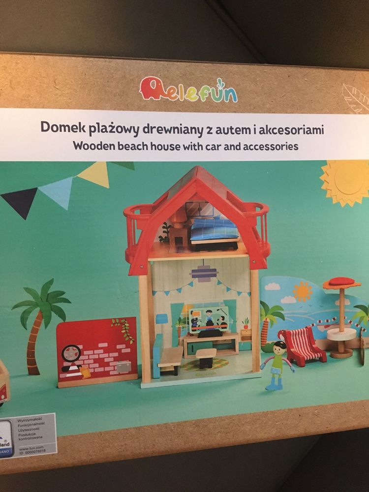 Nowy drewniany domek plażowy z autkiem i akcesoriami elefun na prezent