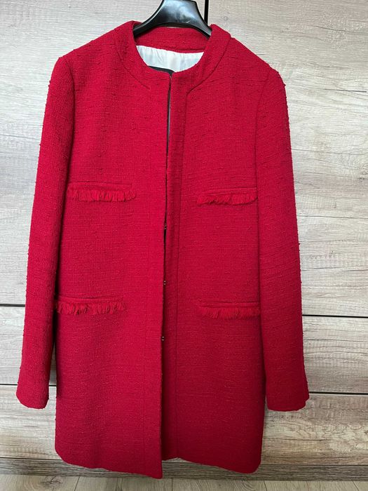 Płaszcz czerwony Zara elegancki tweedowy wiosenny