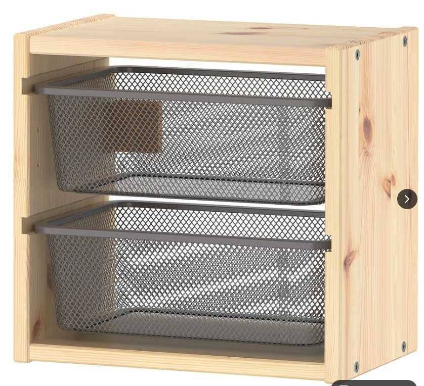TROFAST Szafka ścienna sosna bejcowana z pojemnikami szarymi 32x21x30
