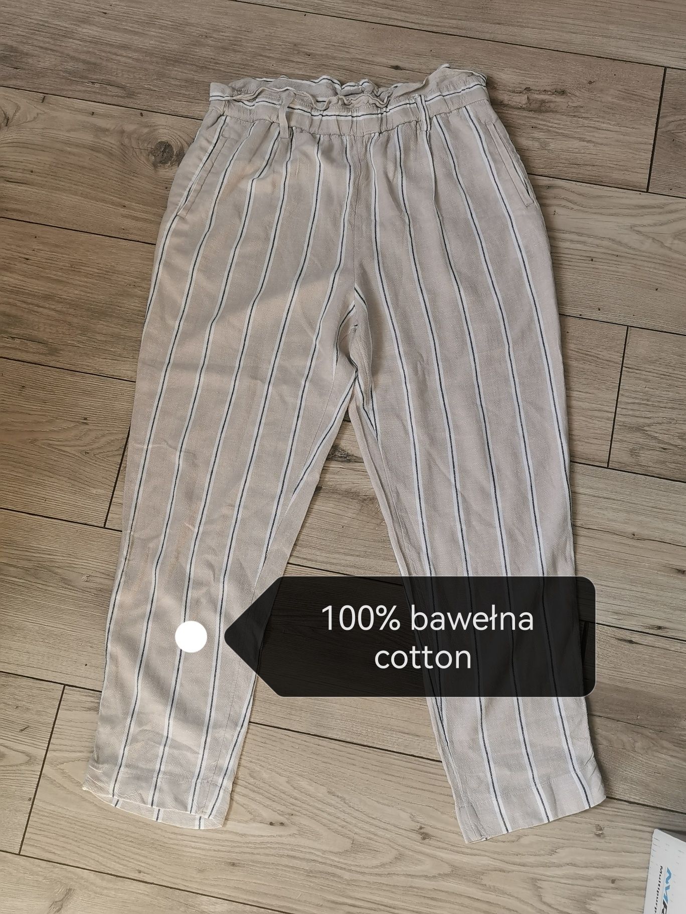 Beżowe spodnie w paski Bawełniane