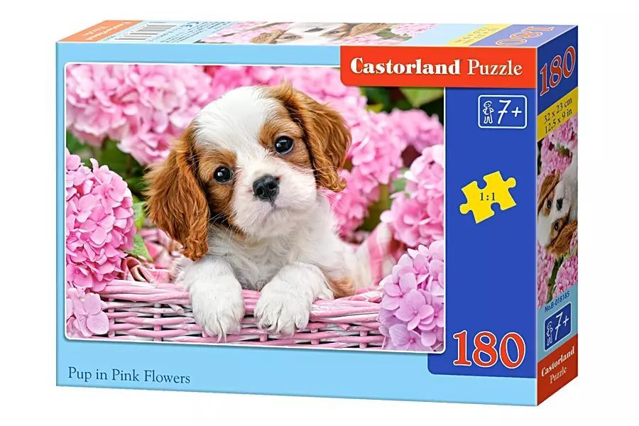 Puzzle 180 elementów. Piesek wśród różowych kwiatów. Castorland