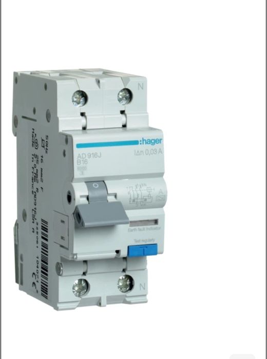 Дифавтомат Hager AD916J 1P+N, 16A B 30mA 6kA A (ДАВ) диференціальний а
