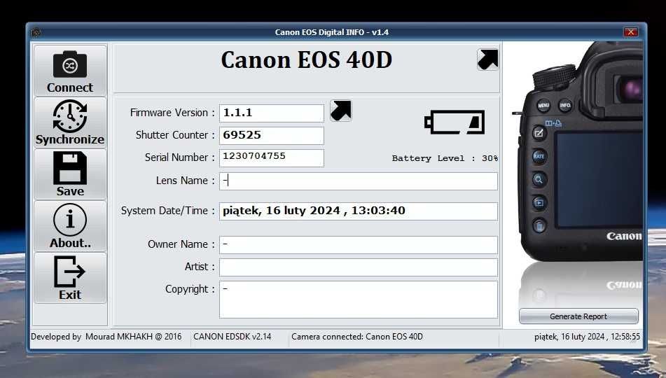 Canon EOS 40D body, przebieg 69525
