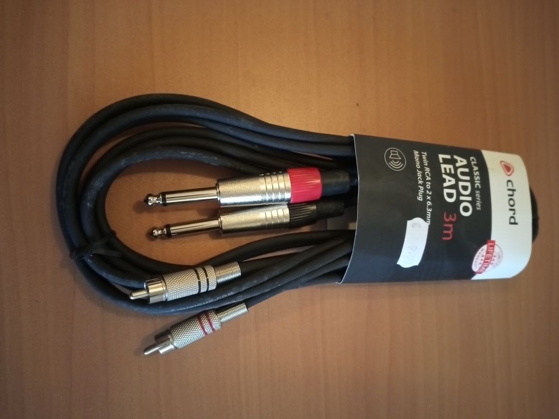 Adam hall Cabo de áudio de 2 machos RCA para 2 Jacks 6,3 mm mono 3 m