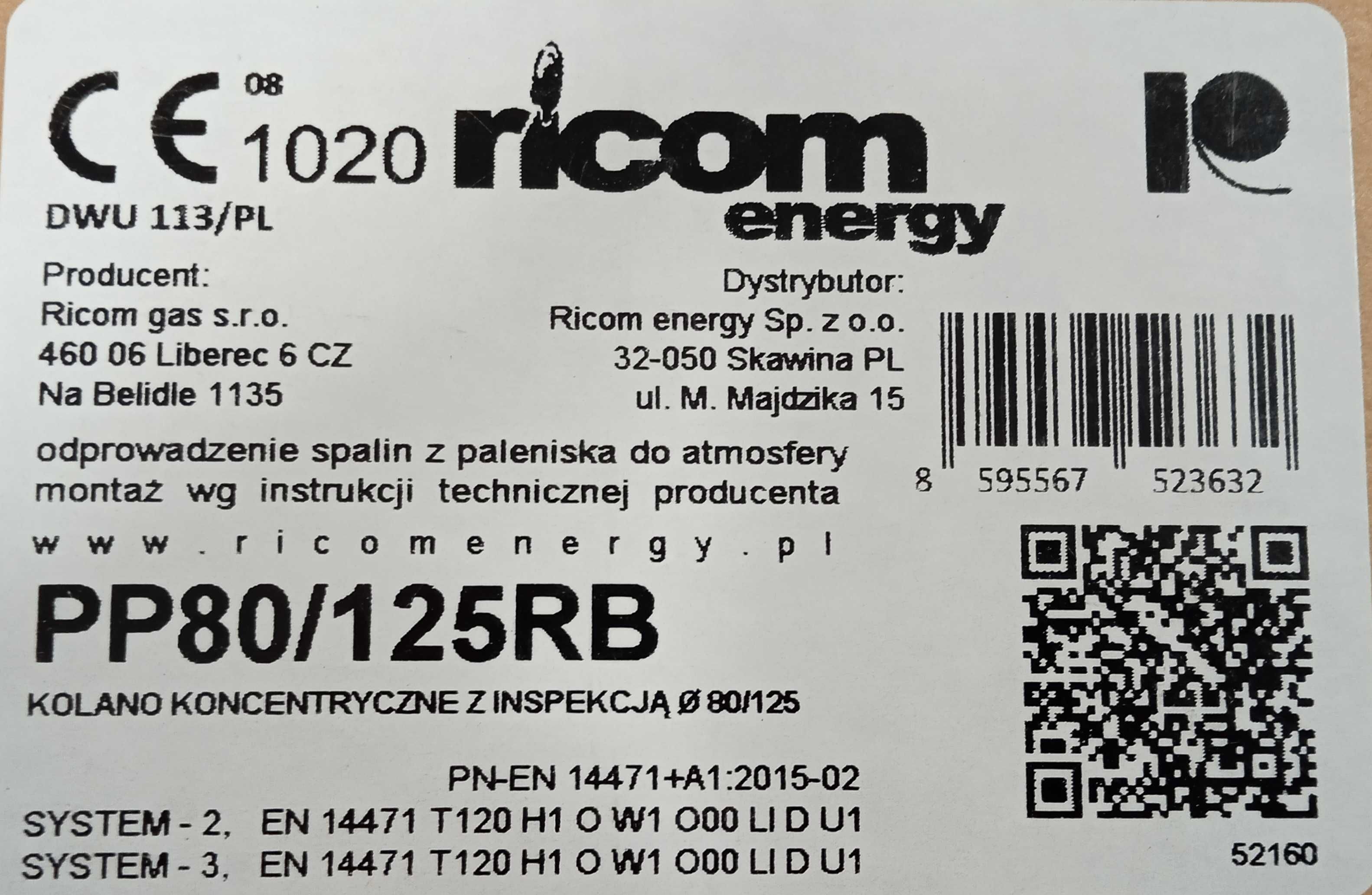 RICOM kolano koncentryczne z inspekcją 80/125 PP80/125RB komin