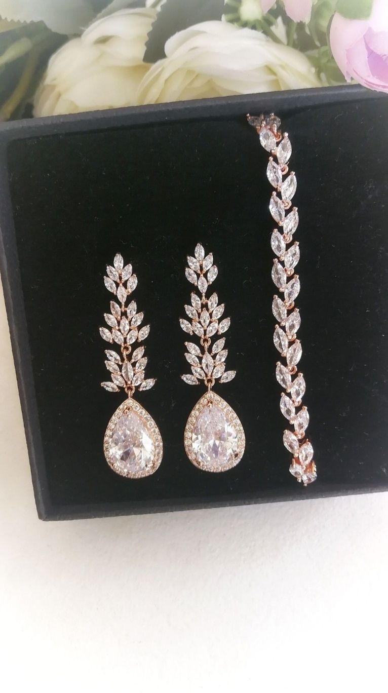 Nowy komplet biżuterii ślubnej z cyrkoniami różowe złoto Rose Gold