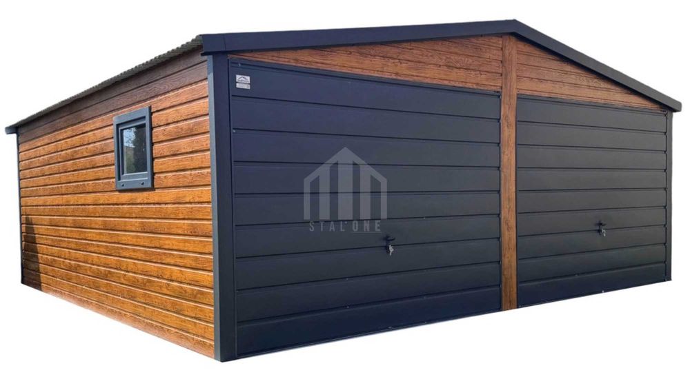 Garaż blaszany 6x5m -2x brama - okno - antracyt - drewnopodobny SO129
