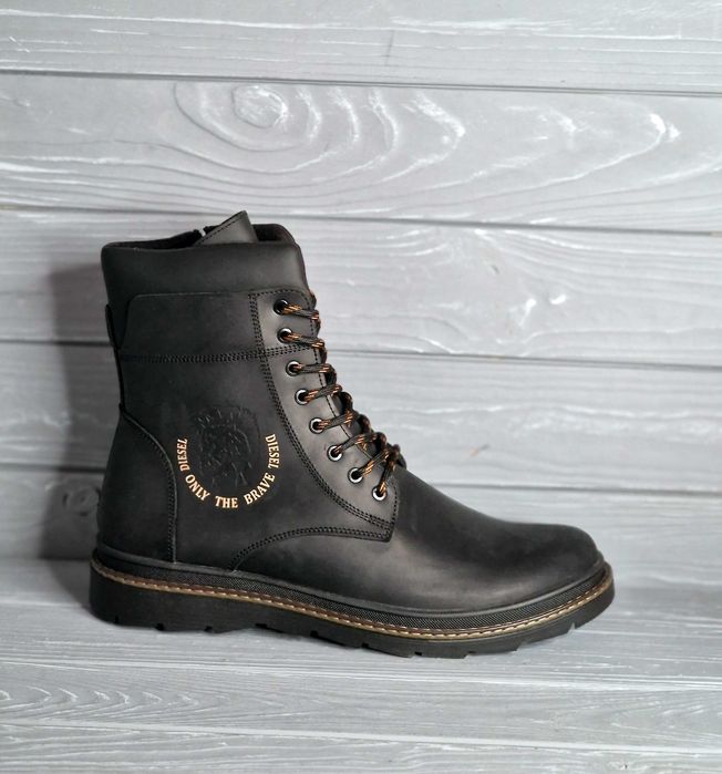 Мужские черные высокие кожаные ботинки берцы co змейкой на меху!!!