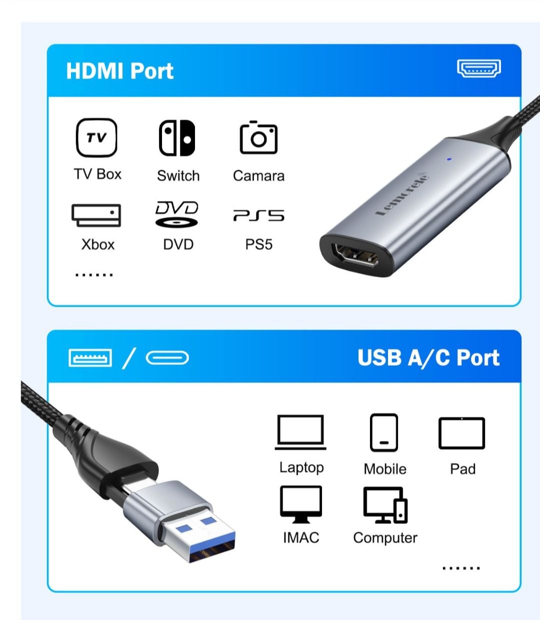 Karta przechwytywania video Lemorele USB A/C HDMI 1080P 60Hz