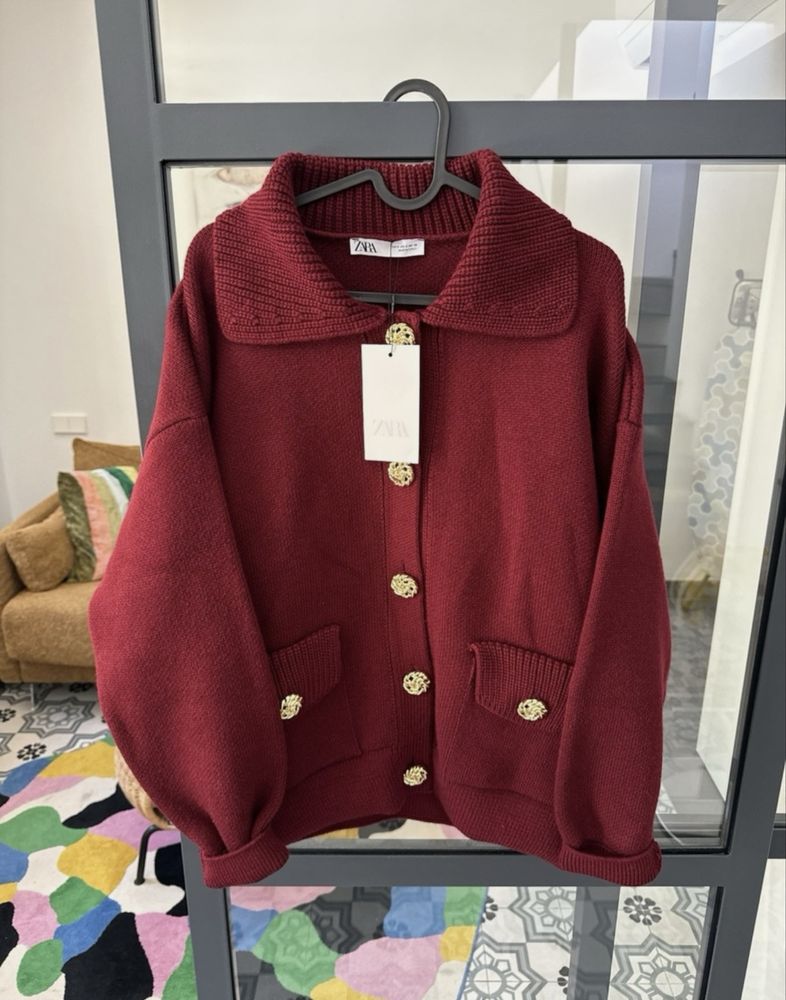 Dzianinowy bordowy kardigan Zara S M