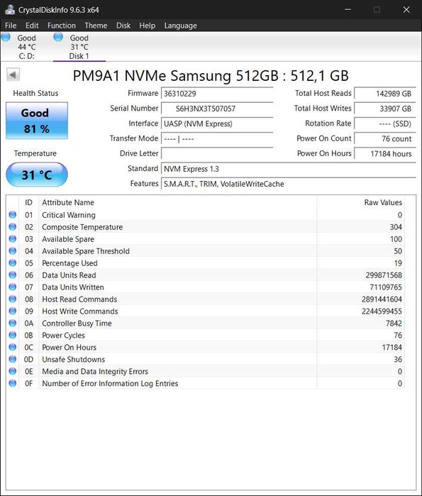 SSD 512Gb M.2 2280 NVMe Gen 4.0 x4 Samsung PM9A1 MZ-VL25120A