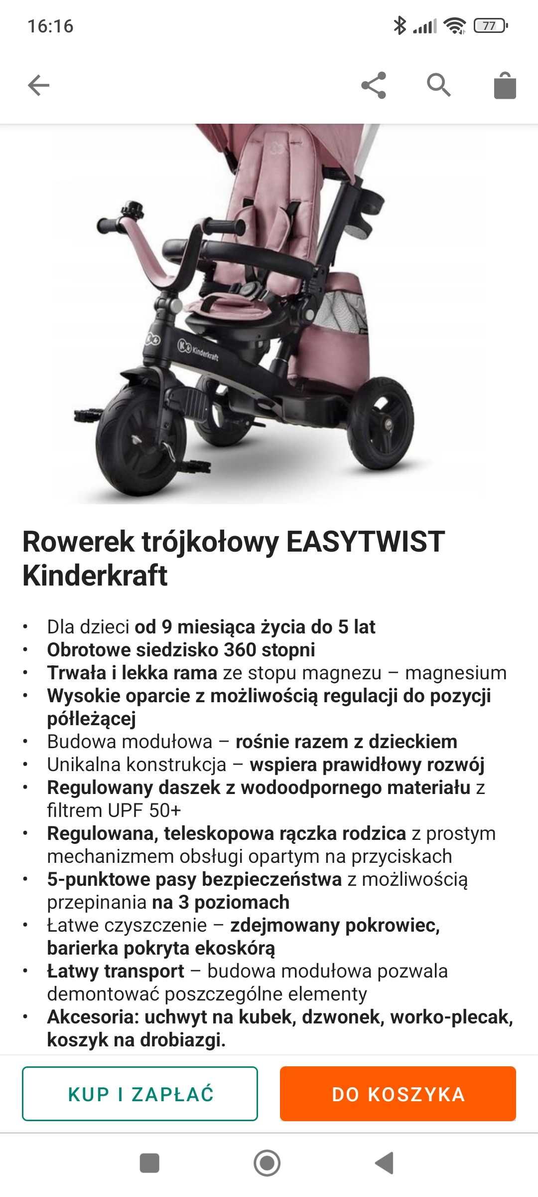 KinderKraft rowerek trójkołowy Easytwist różowy