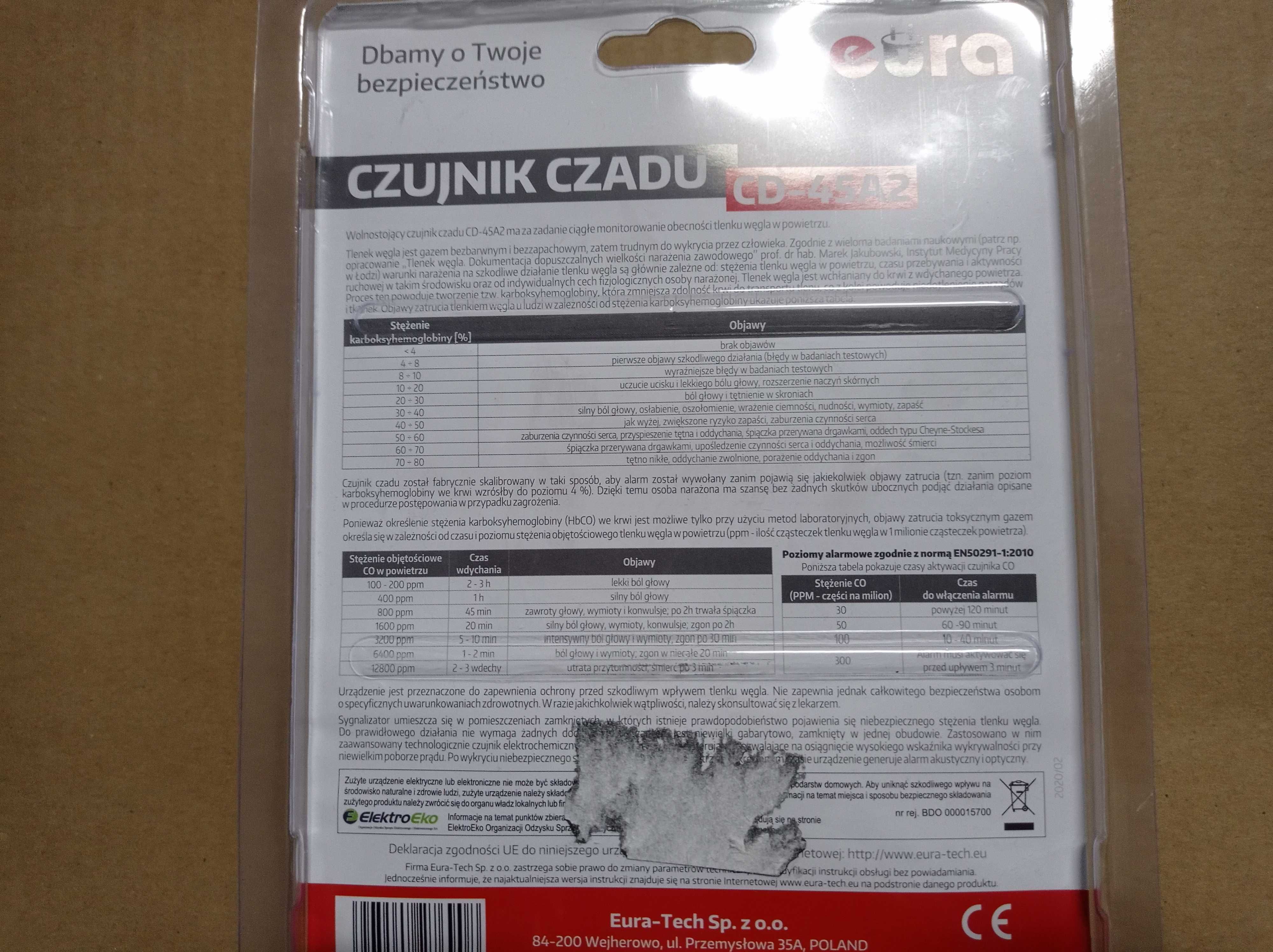 Czujnik tlenku węgla (czadu) EURA CD-45A2