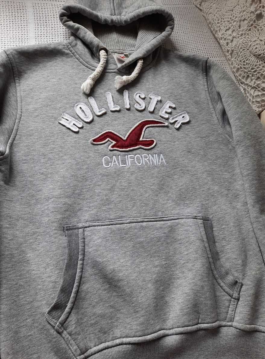 Hollister logo haft ciepła szara super bluza z kapturem napisy M L