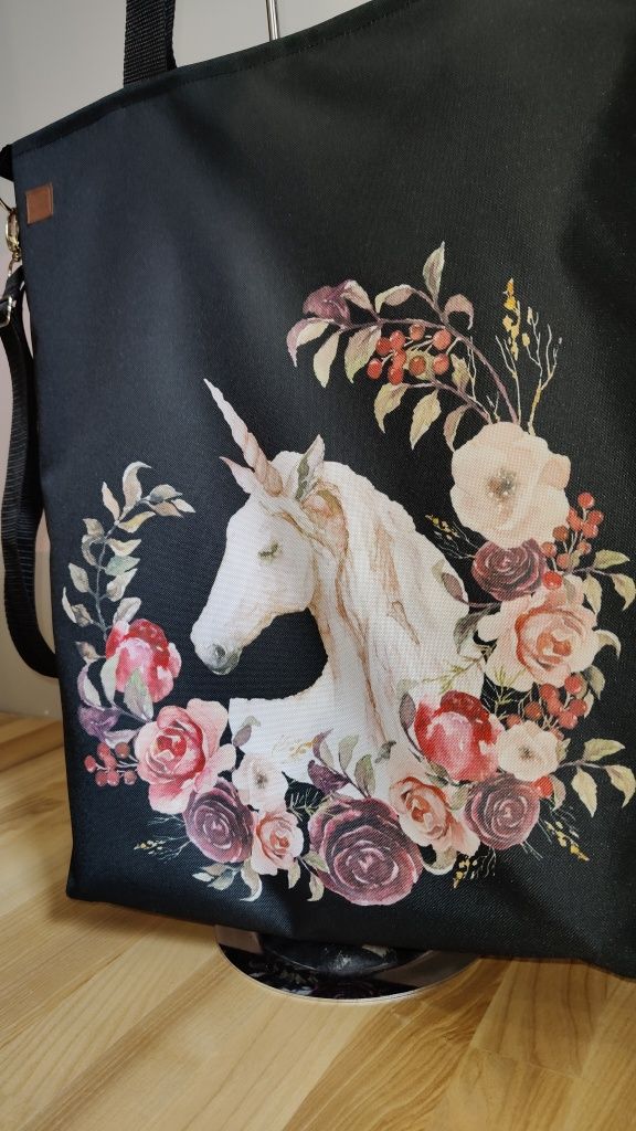 Torebka jednorożec i kwiaty torba z jednorożcem HandMade duża torba