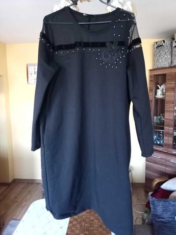 Sukienka czarna aplikacje, siateczka, kieszenie WAWA r 44