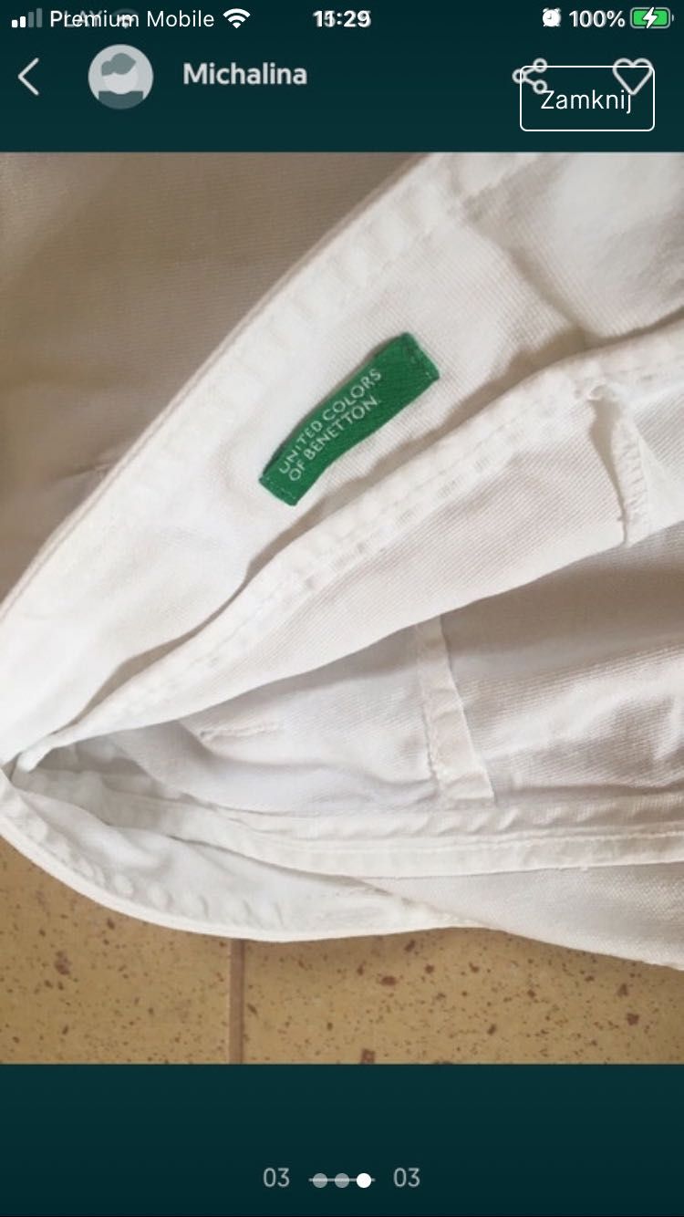 Benetton dopasowane spodnie 100% bawełny, białe,r.S/36